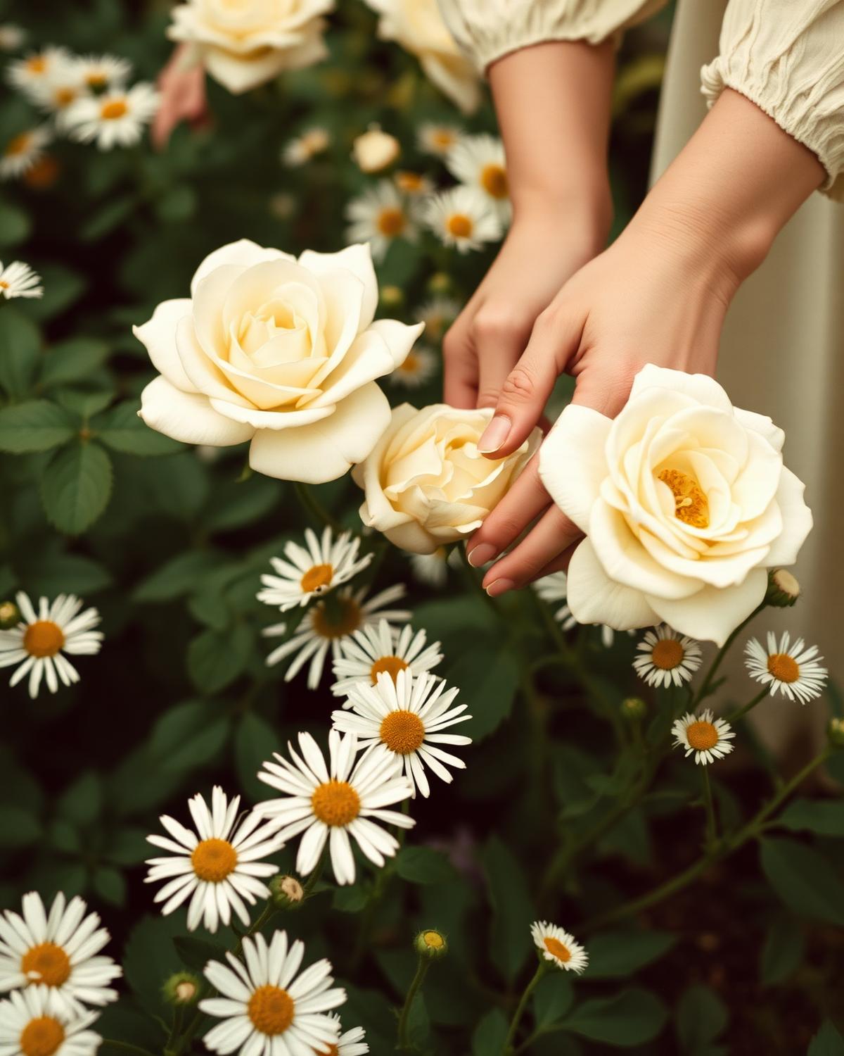 Hands tending a garden of roses and daisies