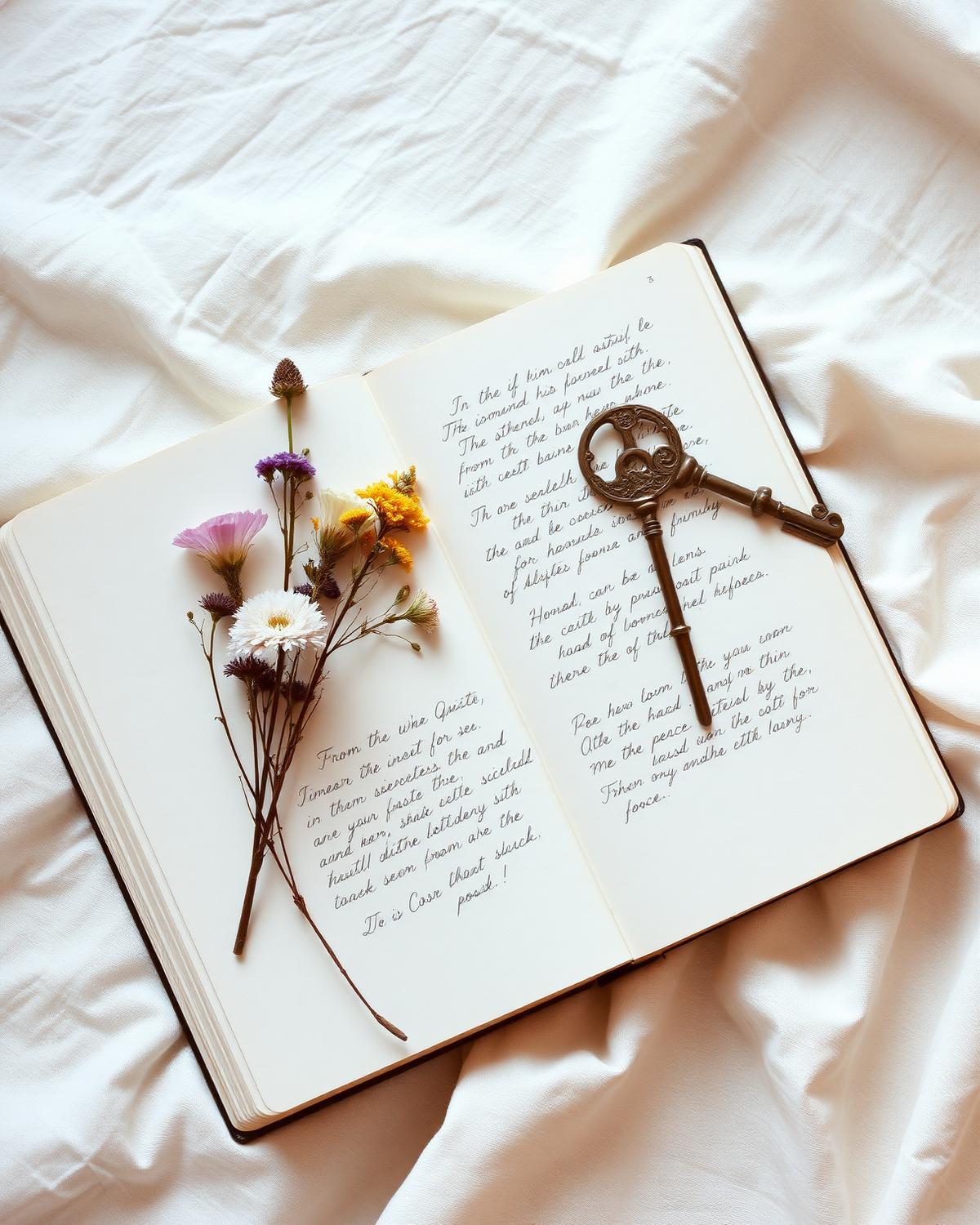 Notebook with pressed wildflowers and a brass key